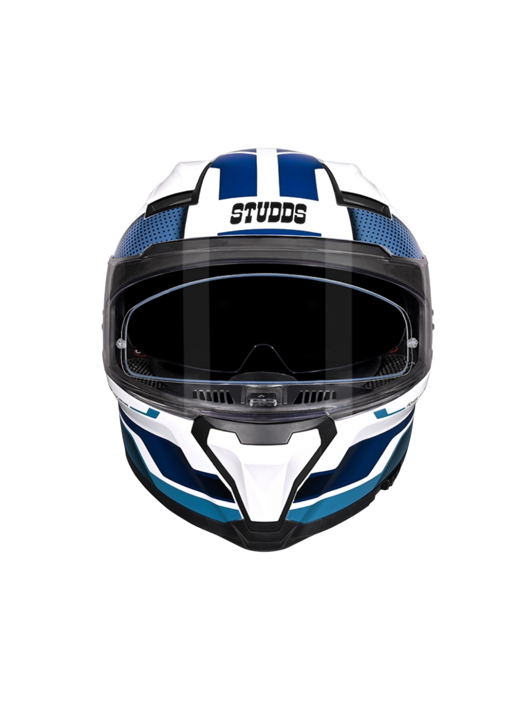 Motorcycle helmet with blue and white design on a white background