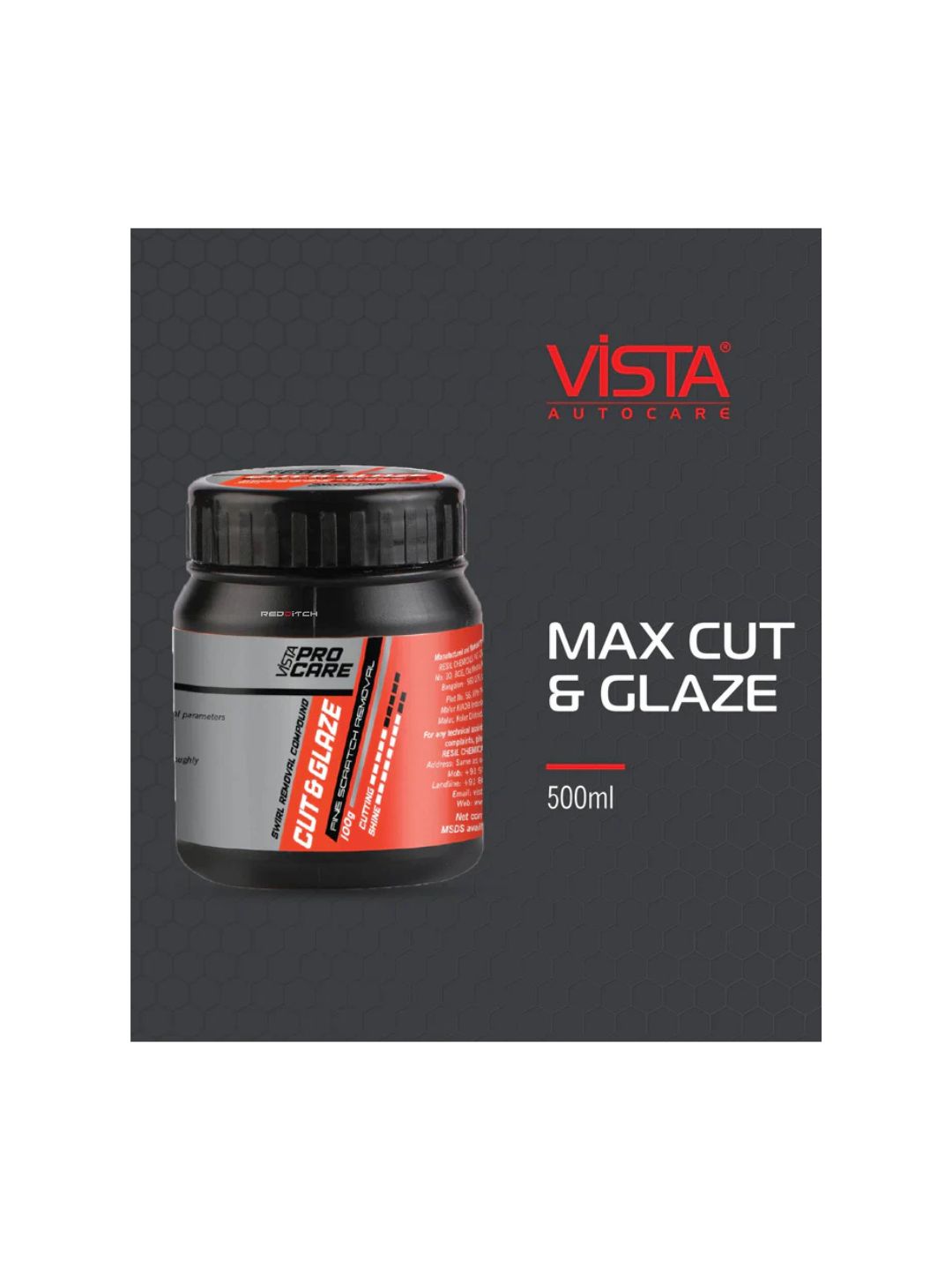 Vista Cut & Glaze (100g), a dual-action formula that removes minor scratches and swirl marks while adding a glossy protective layer, enhancing your vehicle's paint finish.