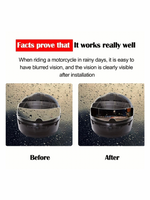 Motorcycle helmet with raindrops before and after installation of a visor, showing improved visibility.