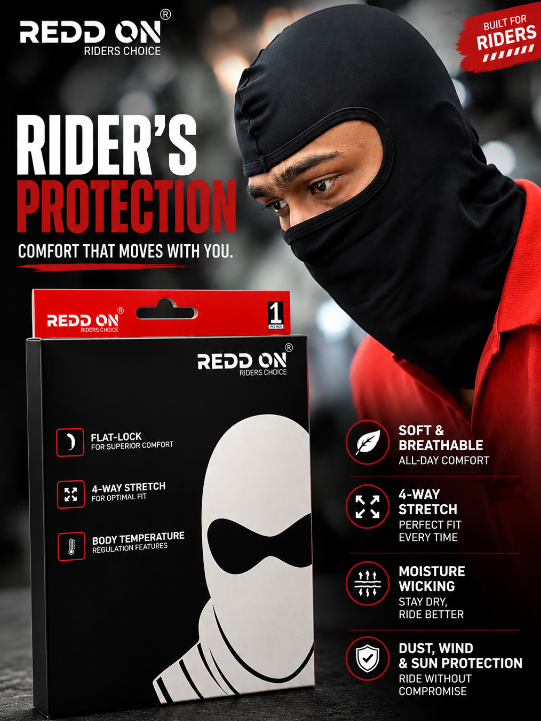 Person wearing a black balaclava with a REDD ON packaging and text about rider's protection.