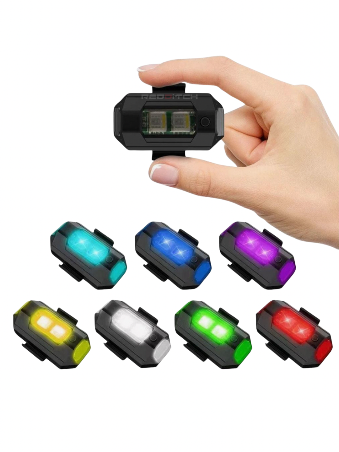 Hand holding a small light device with RGB color options displayed below on a white background