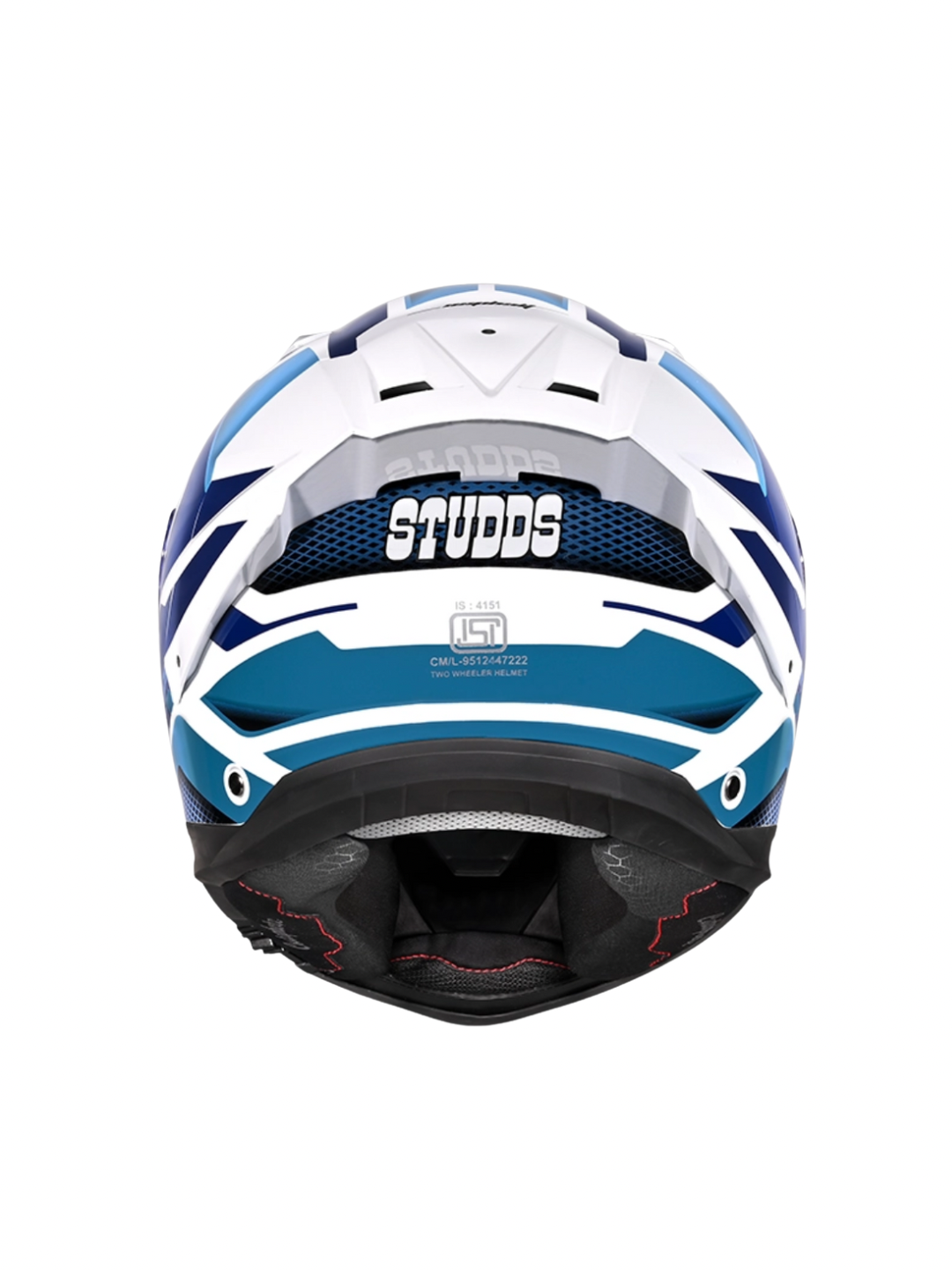 Blue and white helmet with 'Studds' branding on a white background