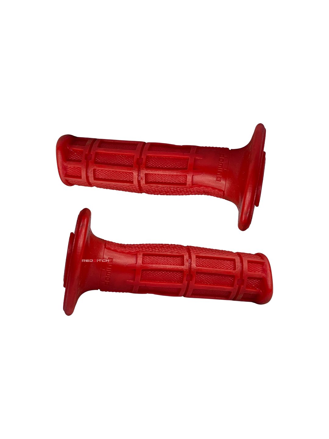 Domino Short Grip in Red, a high-performance motorcycle handlebar grip designed for better control and comfort, featuring a compact design and durable red material for enhanced grip and style.