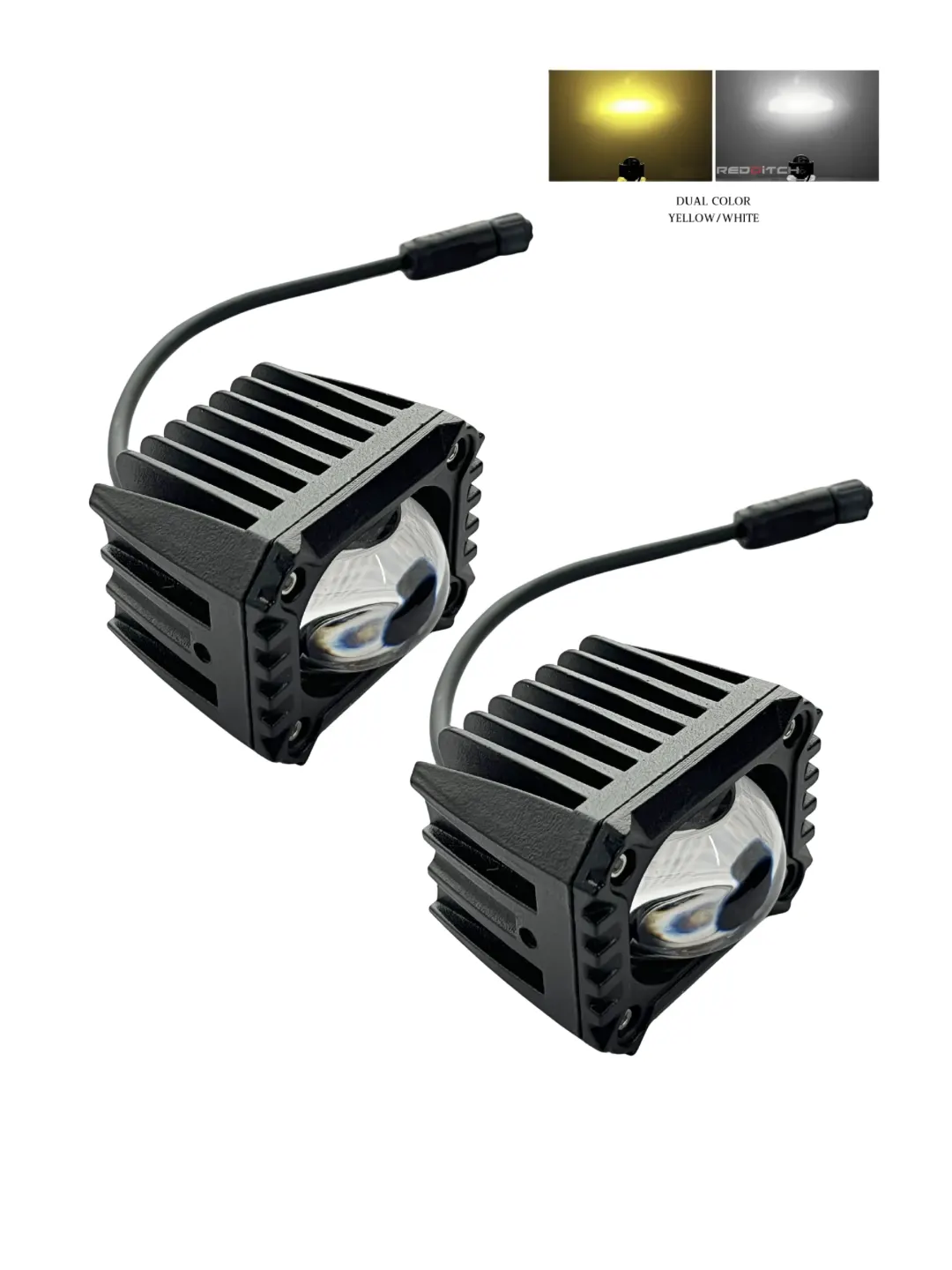 Two LED lights with black casing on a white background, featuring color options.