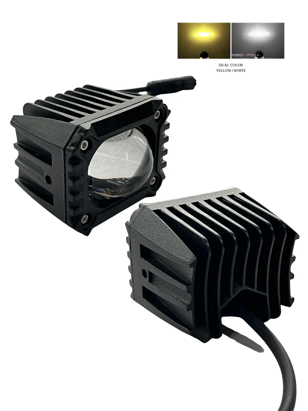 Two LED lights with a black housing on a white background, featuring dual-color yellow and white options.