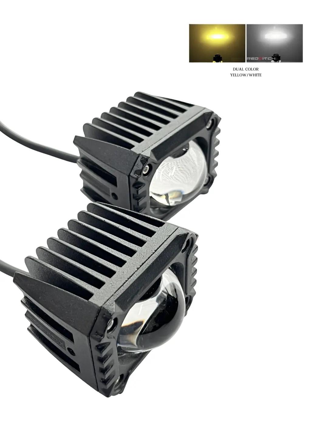 Two LED work lights with color options on a white background