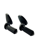Two black adjustable bike handlebar clamps on a white background