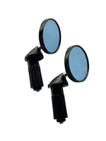 Two round motorcycle mirrors with black frames on a white background