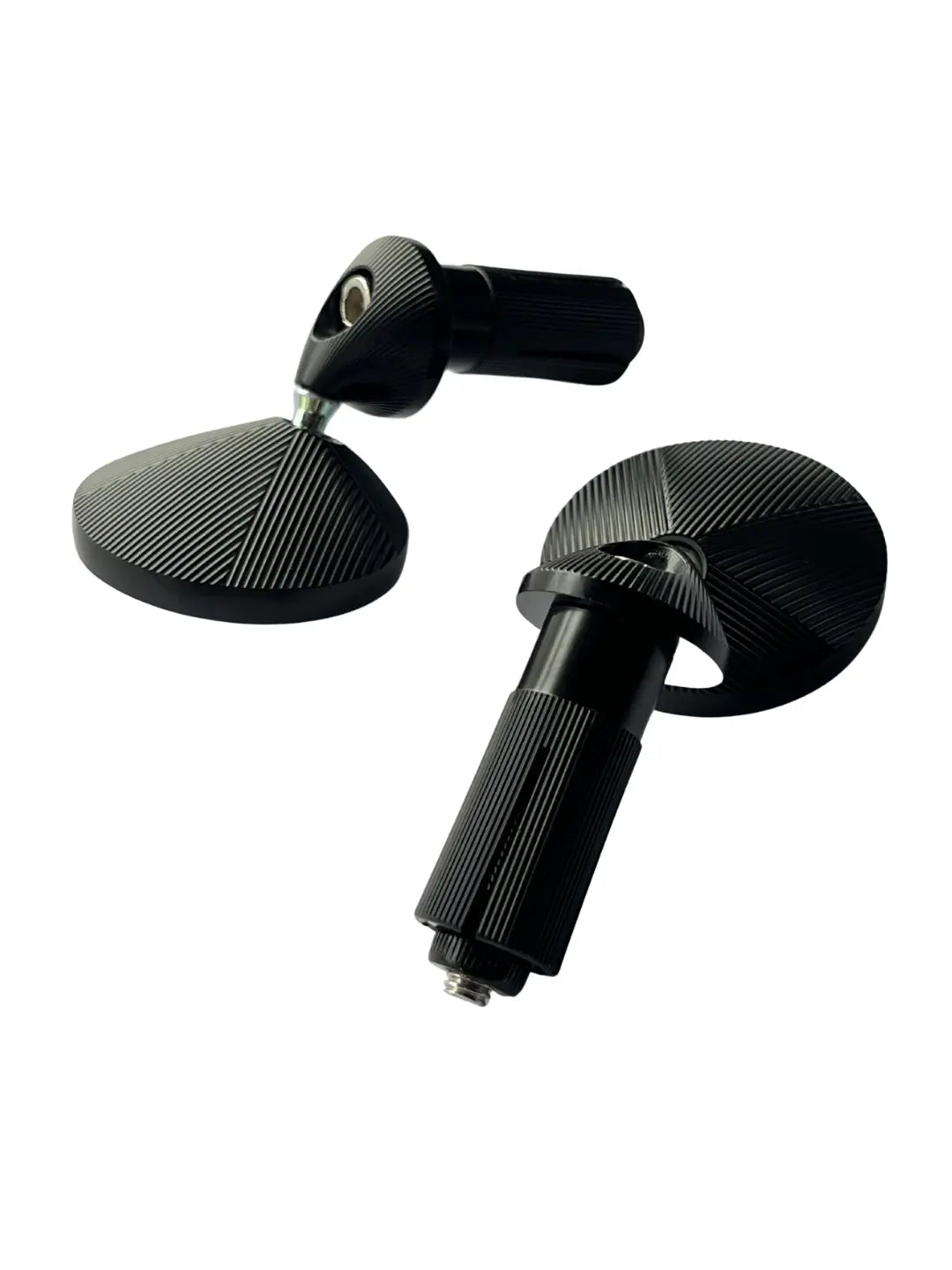 Pair of black motorcycle handlebar risers on a white background