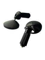 Pair of black motorcycle handlebar risers on a white background