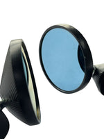 Two black-framed mirrors with blue reflective surfaces on a white background