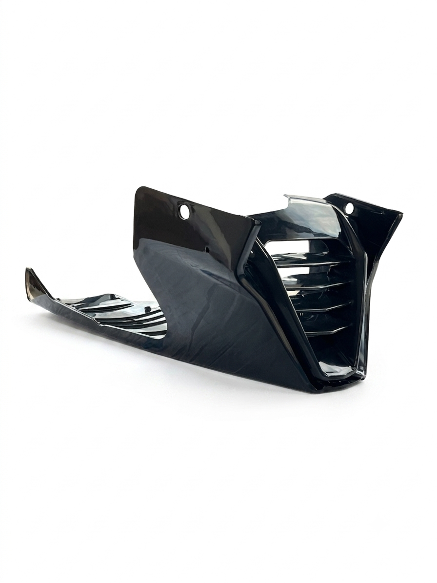 A glossy black plastic motorcycle fairing or body panel, photographed on a clean white background.