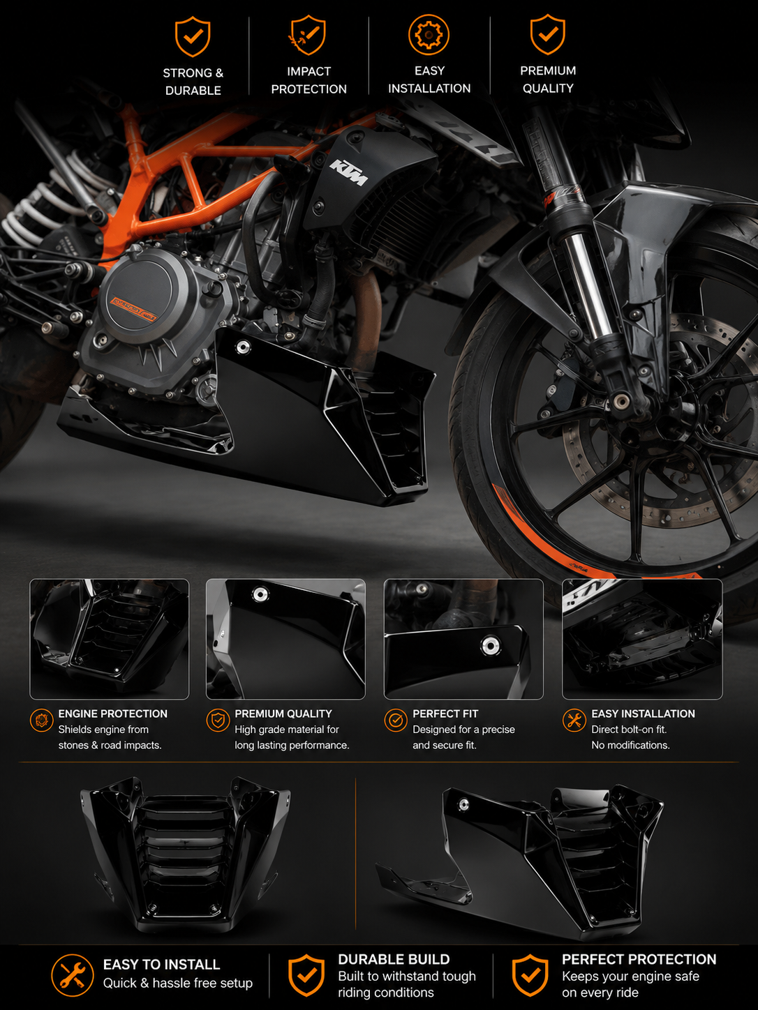 A promotional graphic for a motorcycle side panel/fairing accessory, showing a close-up of a black and orange KTM motorcycle with the accessory installed, plus feature callouts and inset detail photos on a dark background.