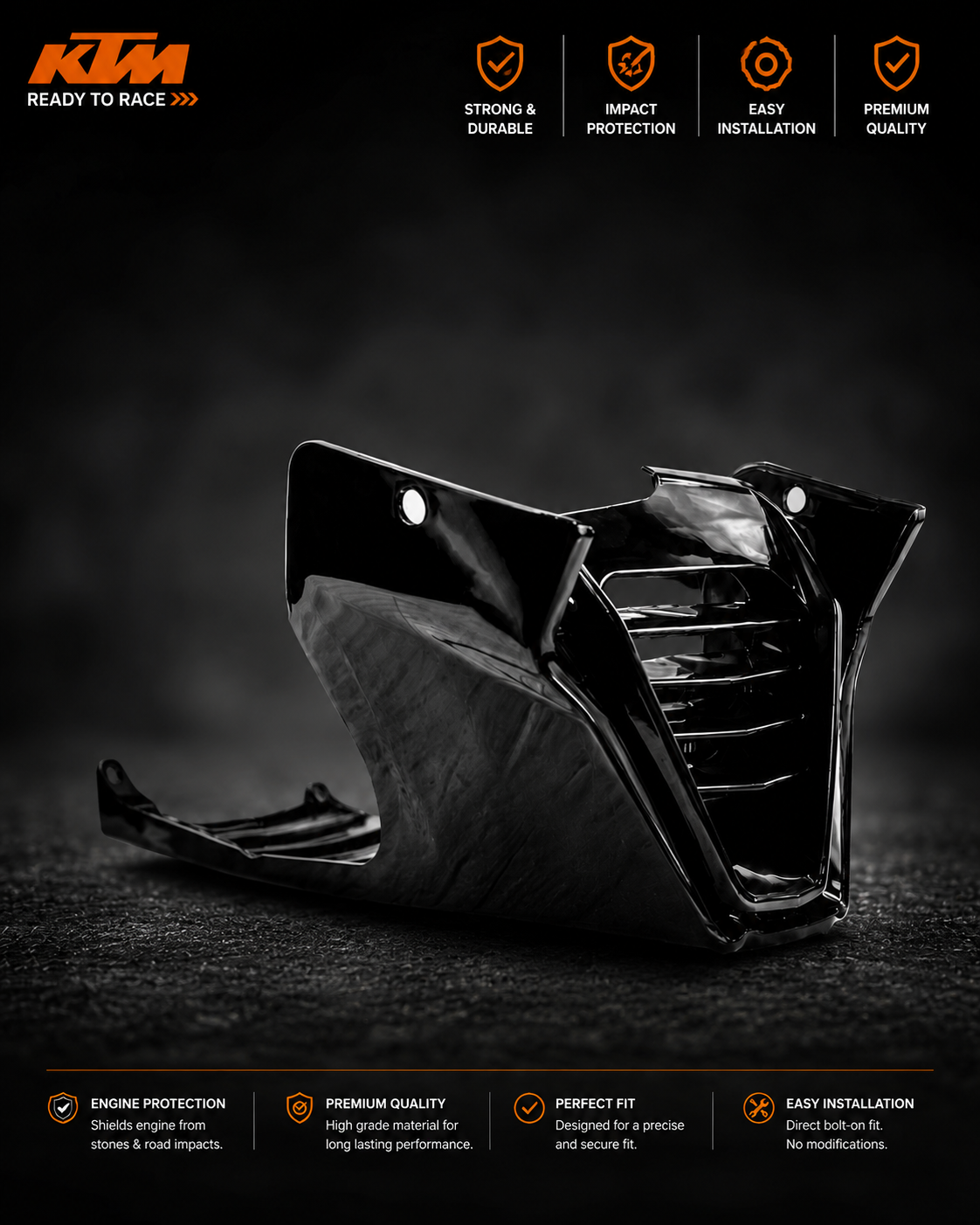 A glossy black motorcycle fairing or body panel shown on a dark studio background, with KTM branding and feature icons at the top and bottom. The product is photographed in dramatic lighting with reflective highlights.