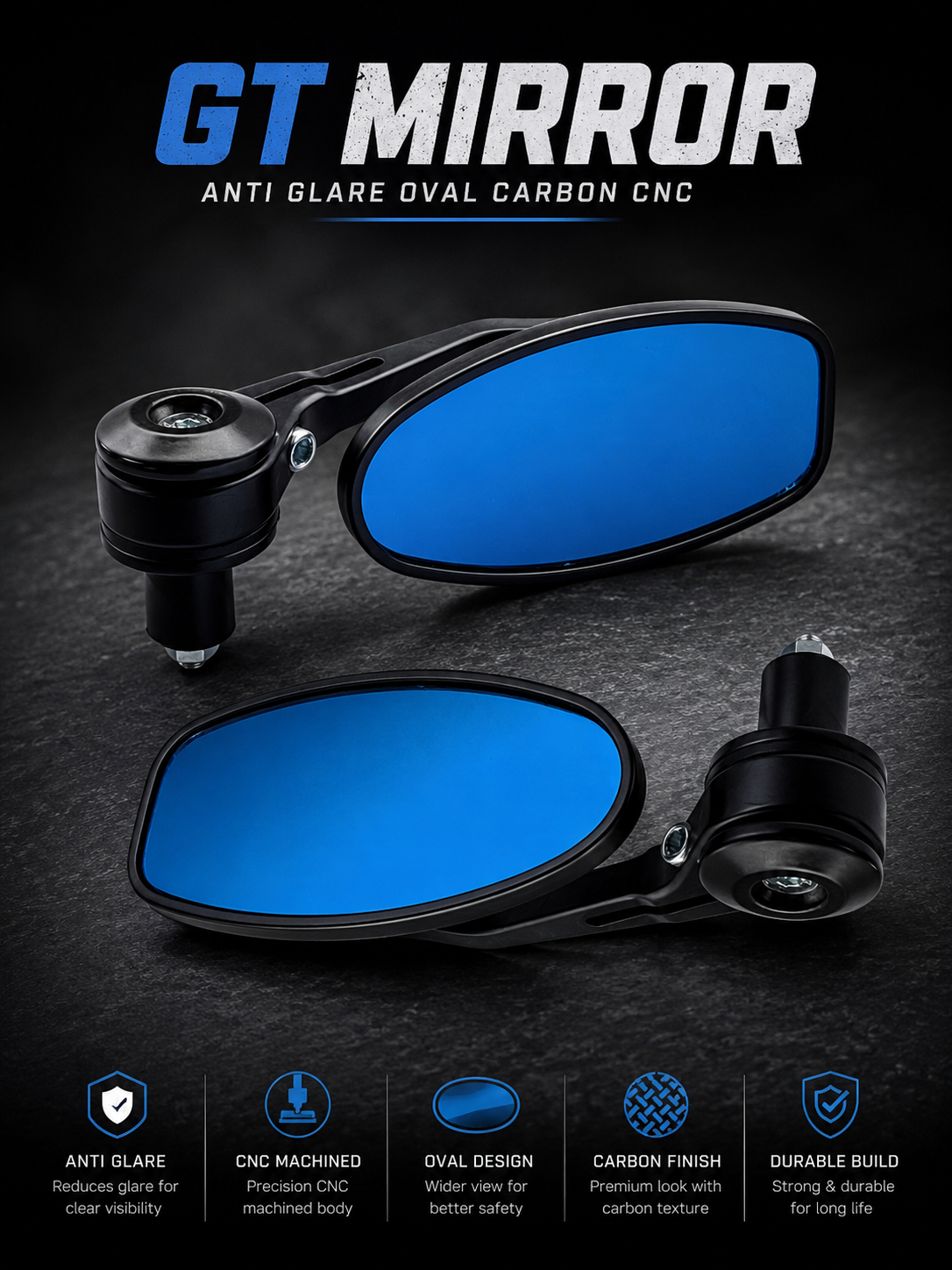 Two GT Mirror anti glare oval carbon CNC car side mirrors with blue lenses and black housings, displayed on a dark textured background with marketing text and feature icons.