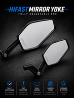 Two HIFAST mirror yoke motorcycle side mirrors with black frames and silver reflective lenses, displayed on a dark textured background with promotional text and feature icons.