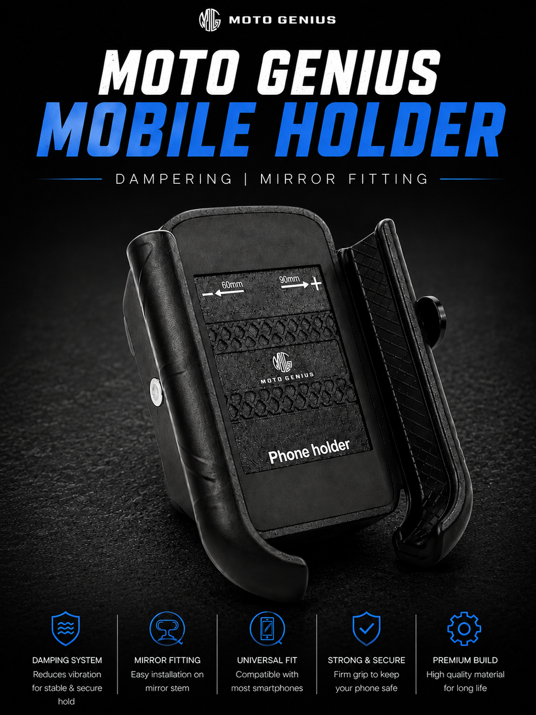 MOTO GENIUS MOBILE HOLDER W/OCHARGING DAMPERING (MIRROR FITTING)