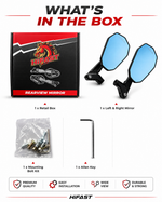 HIFAST rearview mirror kit shown with its retail box, two blue-tinted octagonal mirrors, mounting hardware in a plastic bag, and Allen key on a white background with feature icons.