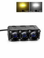 A black rectangular automotive LED light with three large circular lenses, shown on a white background with two small inset images at the top demonstrating yellow and white light output.