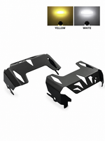 A pair of black metal motorcycle front fender guards shown on a white background, with two small inset diagrams at the top showing light output labeled YELLOW and WHITE.