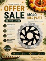 Promotional poster for a Mojo Disc Plate bicycle component, featuring a large metallic silver and black disc plate on a pedestal with marketing text, decorative tropical leaves, a boat illustration, and a floral garland in the top right corner.