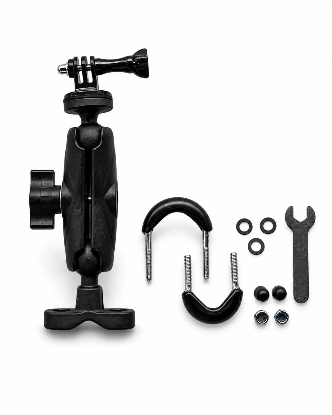 Black adjustable mounting bracket kit with hardware accessories including screws, washers, nuts, and a wrench, displayed on a clean white background.