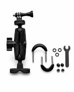 Black adjustable mounting bracket kit with hardware accessories including screws, washers, nuts, and a wrench, displayed on a clean white background.