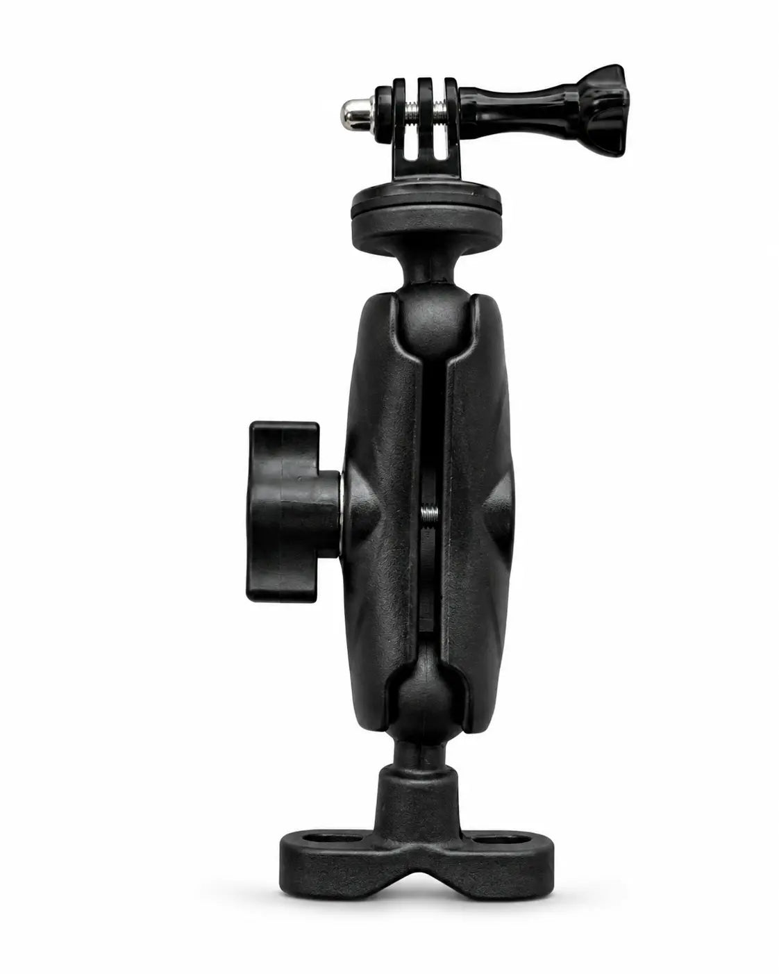 A black plastic quick-release mounting bracket with a top quick-release clamp and a bottom mounting base, shown on a plain white background.