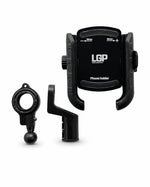 Black LGP phone mount with adjustable ball mount accessory, shown on a clean white background.