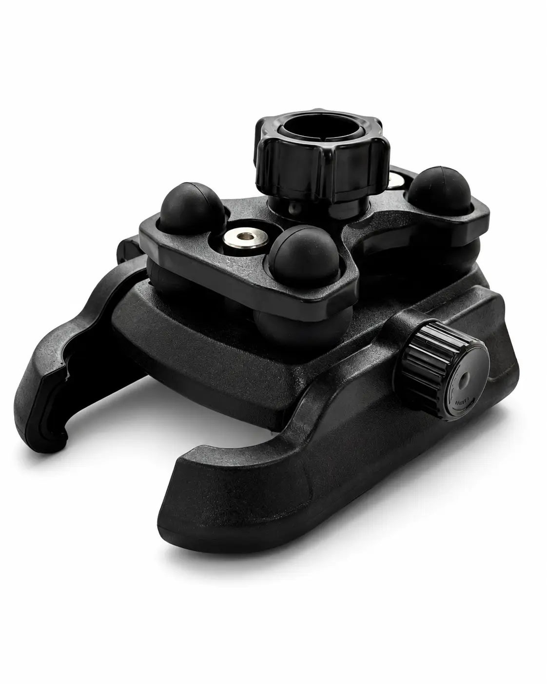 A black plastic quick-release buckle or mounting clamp with adjustment knobs, shown on a clean white background.