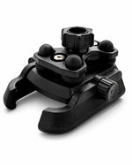 A black plastic quick-release buckle or mounting clamp with adjustment knobs, shown on a clean white background.