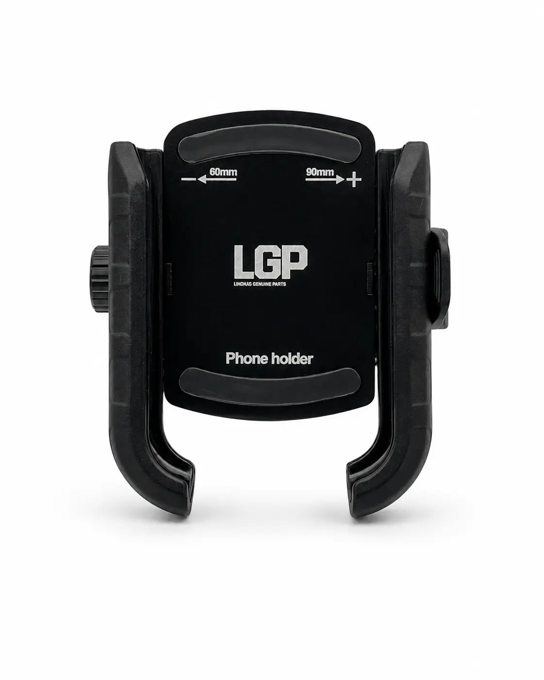 A black LGP phone holder mount with adjustable 50mm screw knobs on both sides, shown on a clean white background.
