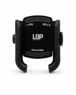 A black LGP phone holder mount with adjustable 50mm screw knobs on both sides, shown on a clean white background.