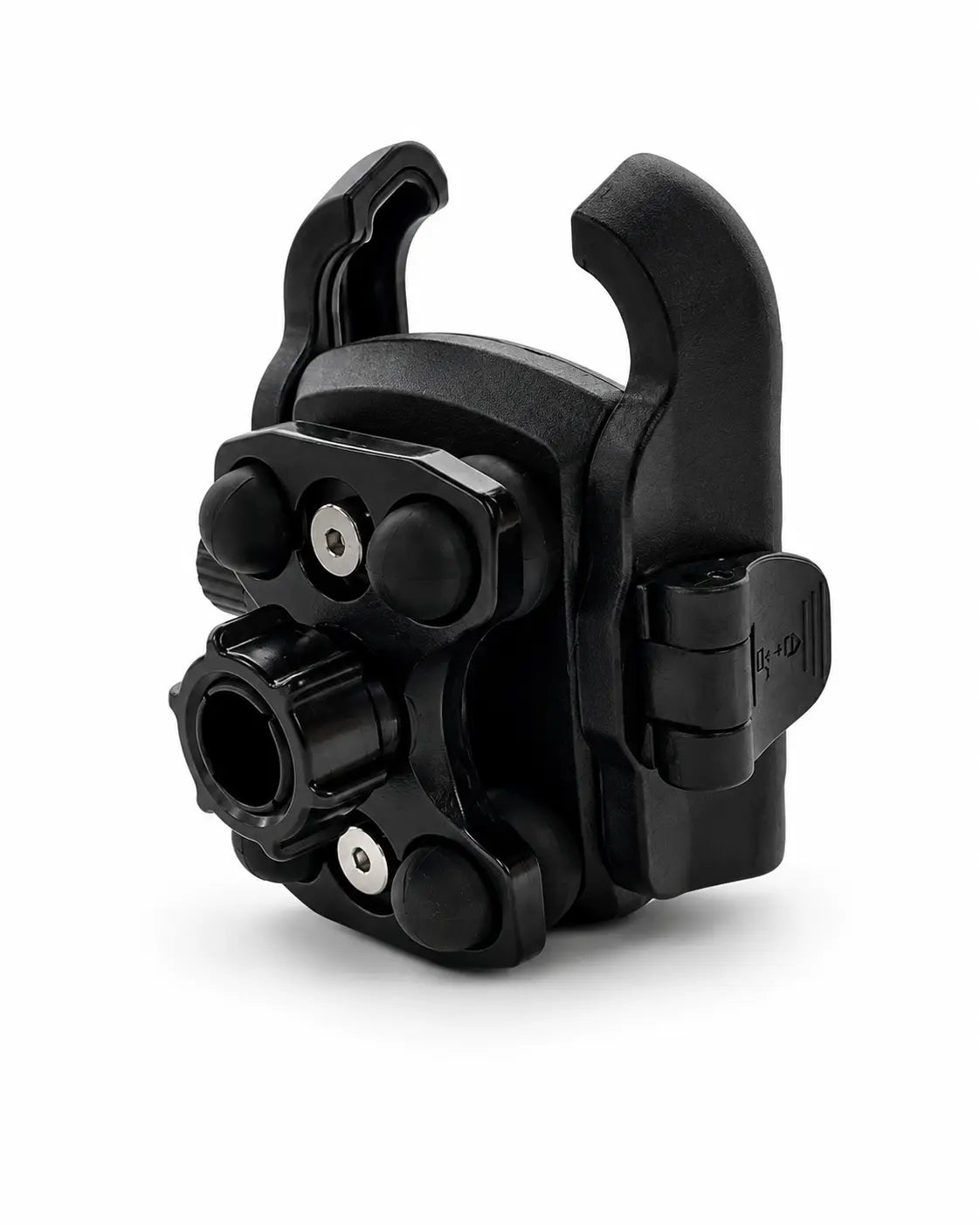 A black plastic mounting bracket or clamp with multiple adjustable knobs and a side release tab, photographed on a clean white background.