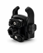 A black plastic mounting bracket or clamp with multiple adjustable knobs and a side release tab, photographed on a clean white background.