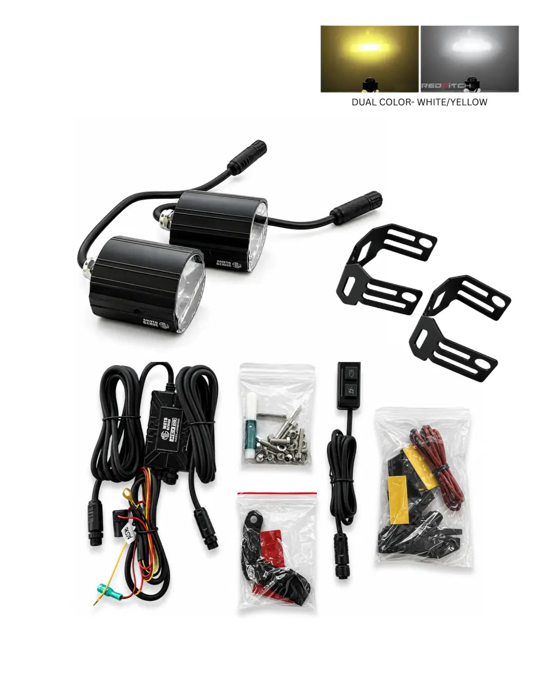 A dual LED bicycle/boat headlight kit with two black cylindrical lights, mounting brackets, wiring harnesses, connectors, and accessories, shown on a white background with a small inset showing the light output in white and yellow.