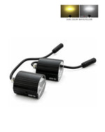 Two black off-road LED headlight bars with adjustable black cables, shown on a white background with a small inset graphic demonstrating dual color modes: white and yellow.