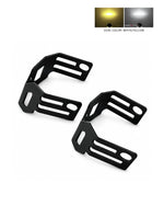 Two black metal license plate frame guards on a white background, with a small inset showing dual color options: white and yellow.