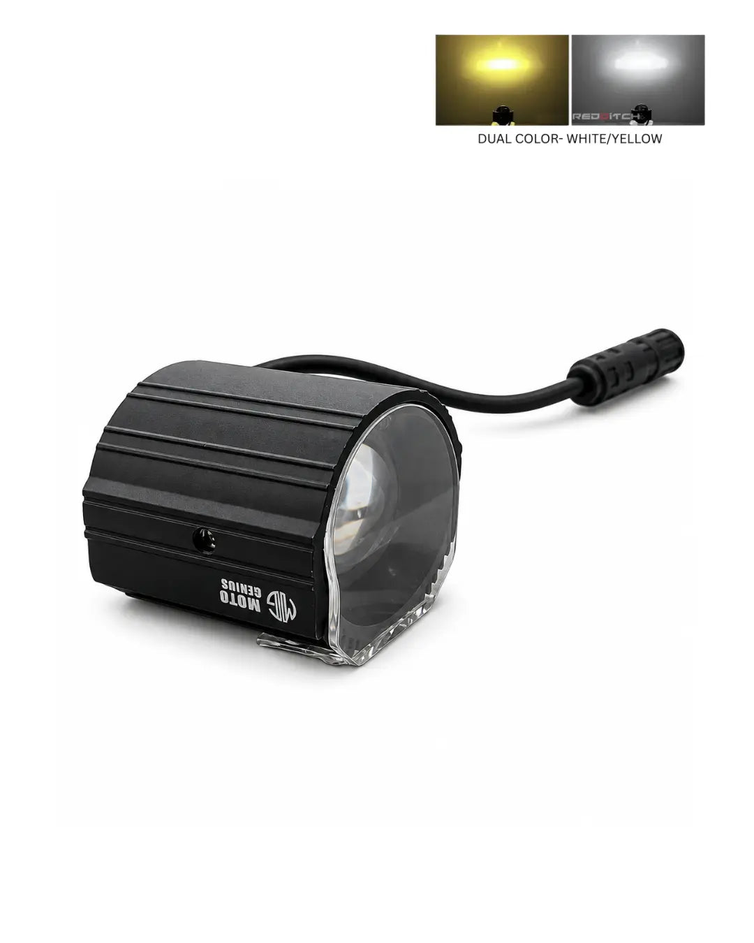 A black bicycle headlight with a clear lens and attached black cable, shown on a white background. Two small inset images at the top demonstrate the light output in white and yellow.
