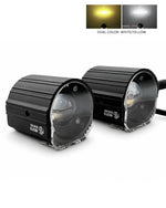 Two black Snug Glow LED vehicle lights shown on a white background, with a small inset at the top showing yellow and white light outputs and the text 'DUAL COLOR - WHITE/YELLOW'.