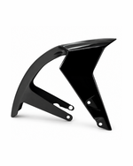 A pair of glossy black plastic motorcycle or scooter body panels, likely fenders or side covers, displayed on a clean white background.