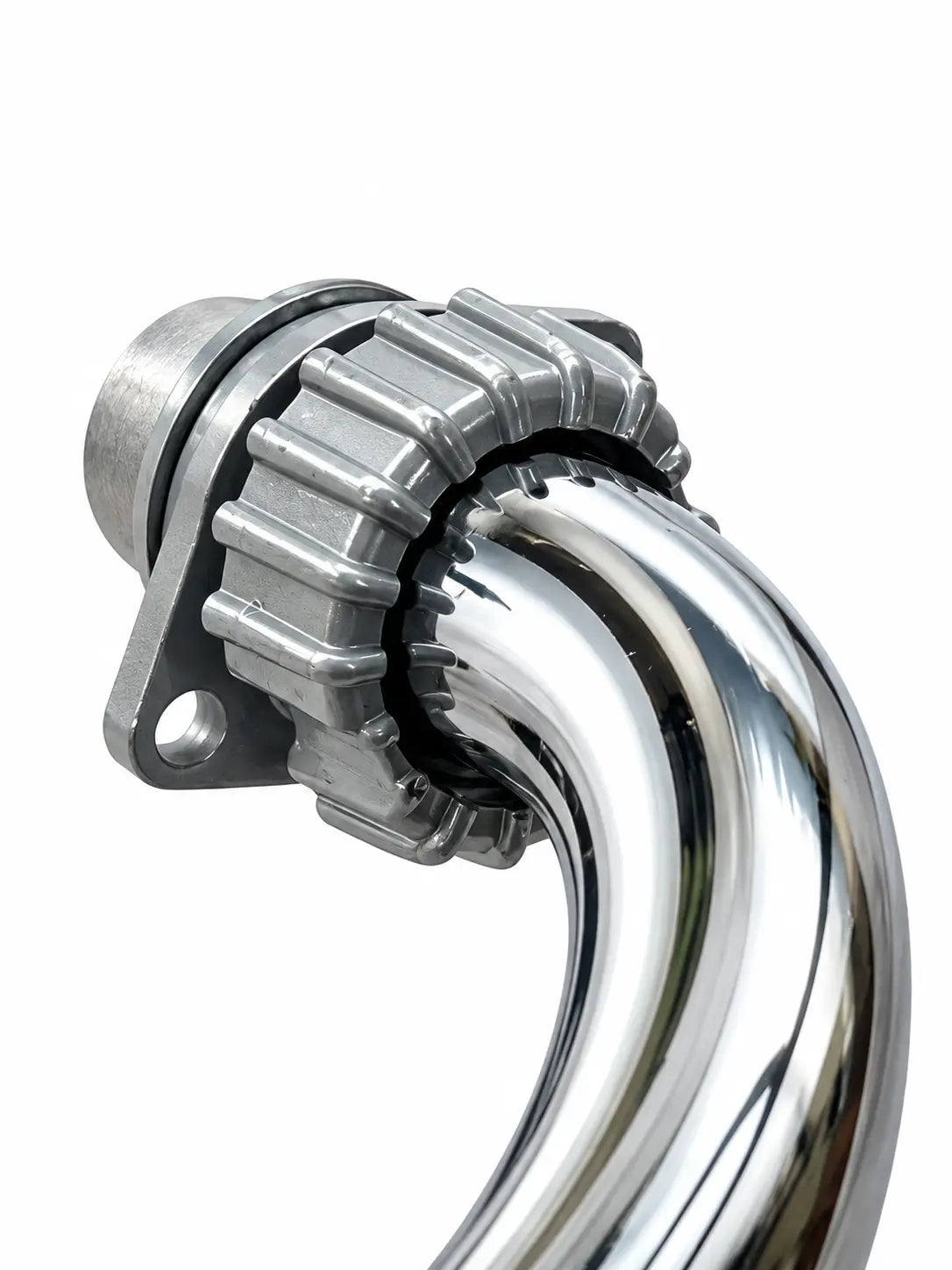 A close-up of a polished chrome curved pipe fitting with a ribbed metal collar and mounting bracket, shown on a plain white background.