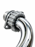 A close-up of a polished chrome curved pipe fitting with a ribbed metal collar and mounting bracket, shown on a plain white background.