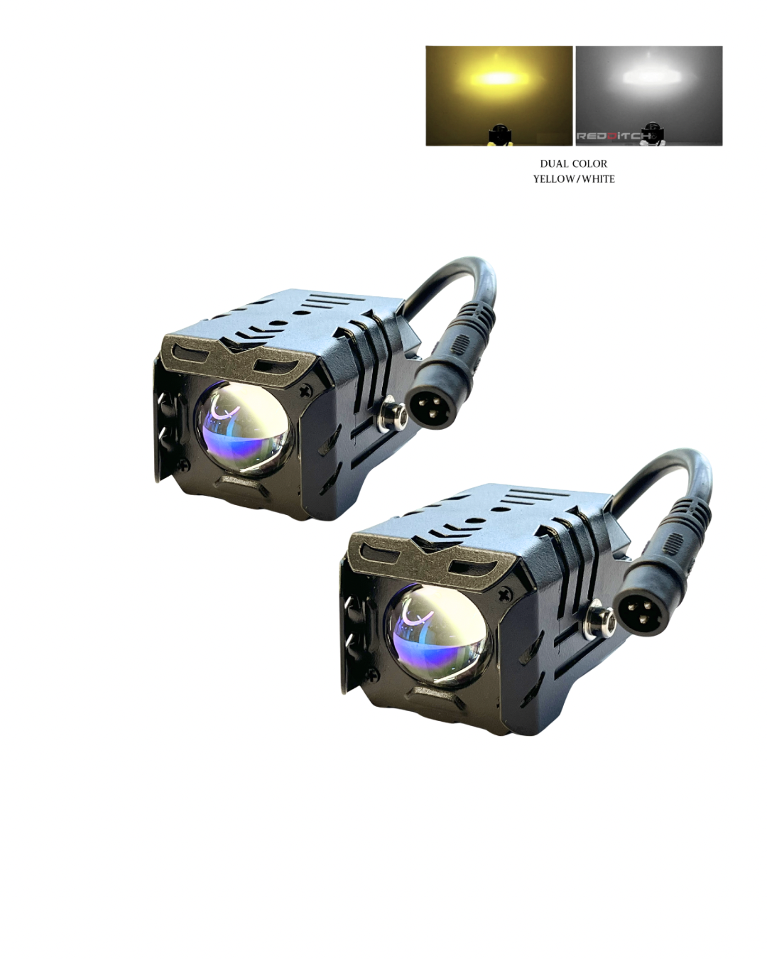 Two underwater lights with dual-color yellow and white light options on a white background.