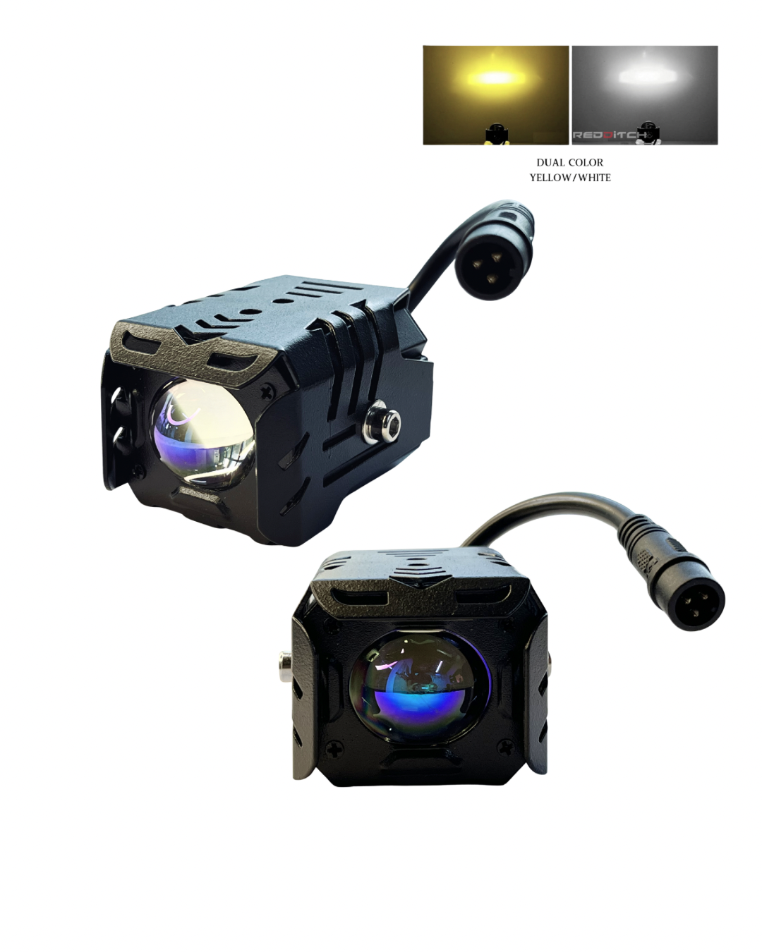 Two LED lights with dual-color yellow and white light options on a white background.