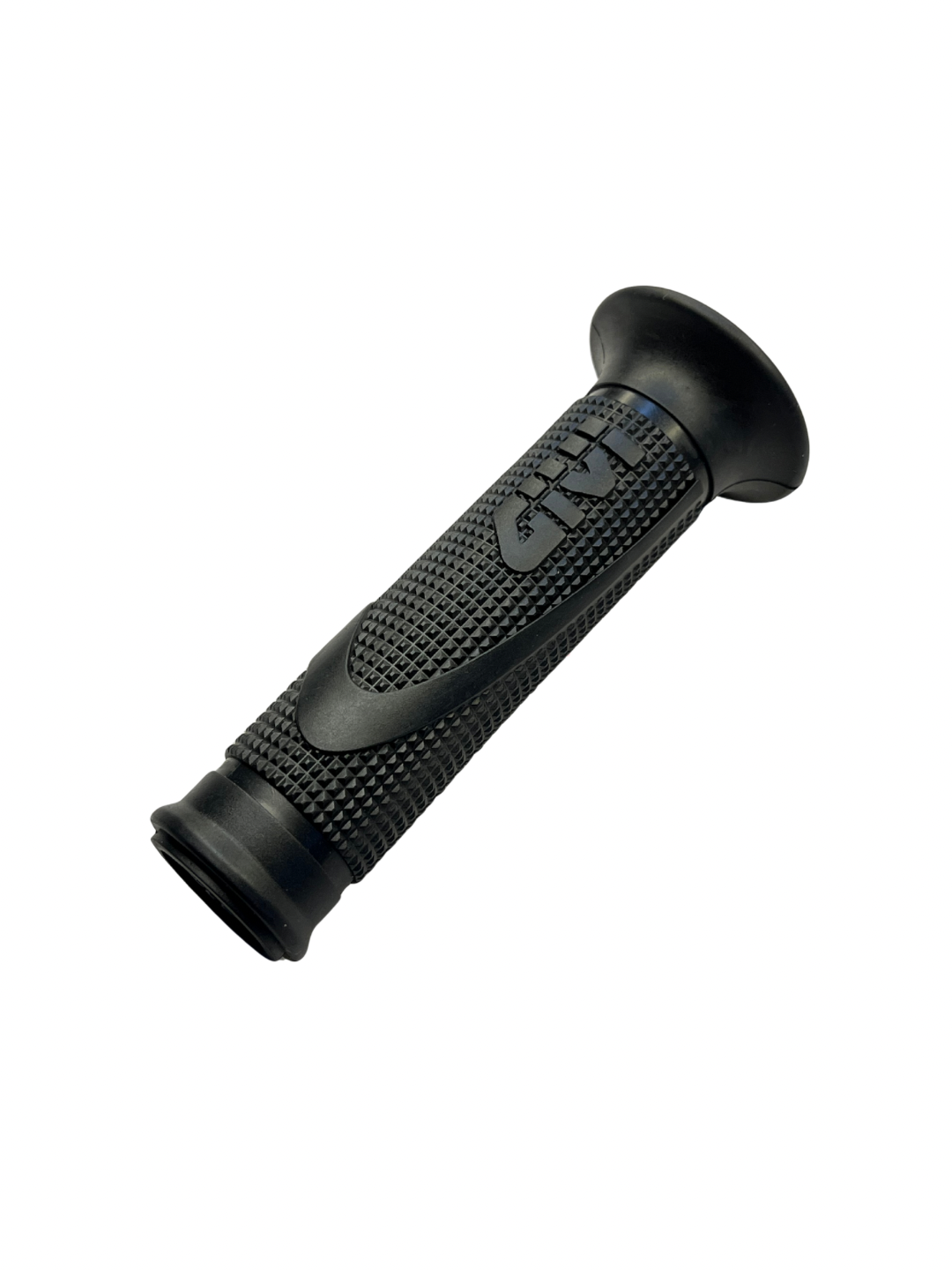 Black motorcycle grip with textured pattern on a white background