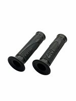 Two black motorcycle grips on a white background