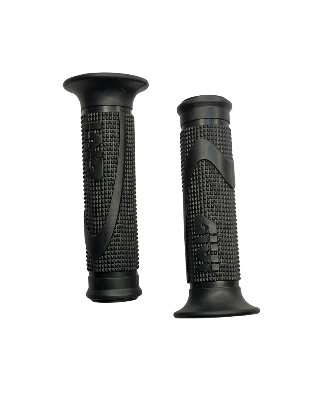 Pair of black textured motorcycle grips on a white background