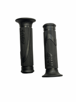 Pair of black textured motorcycle grips on a white background