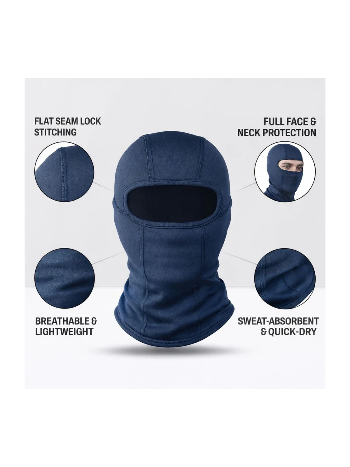 Navy balaclava with features listed on a white background